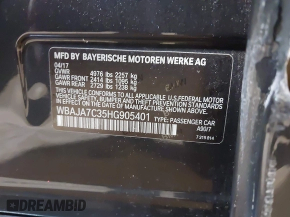 2017 BMW 5 Series 530i xDrive with VIN WBAJA7C35HG905401, listed as a IAAI auction lot 38089618 with 107,692 mi miles and . Bid and sale history available at carsss.com. Image 9.