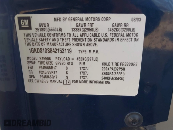 2004 GMC Envoy SLE z VIN 1GKDS13S842152119, wystawiony jako IAAI lot #41187115 z przebiegiem 194 304 mil mil oraz . Historia ofert i sprzedaży dostępna na DreamBid. Obrazek 9.