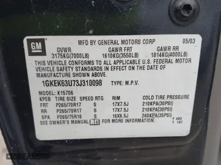 2003 GMC Yukon Denali with VIN 1GKEK63U73J310098, listed as a IAAI auction lot 41831615 with 262,134 mi miles. Bid and sale history available at carsss.com. Image 9.