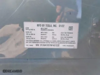 2022 Tesla Model S with VIN 5YJSA1E57NF467229, listed as a IAAI auction lot 41765897 with 1 mi miles. Bid and sale history available at carsss.com. Image 9.
