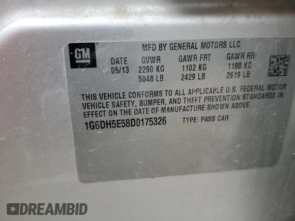 2013 Cadillac CTS Luxury with VIN 1G6DH5E58D0175326, listed as a Copart auction lot 52646985 with 142,473 mi miles and Salvage title. Bid and sale history available at DreamBid. Image 12.