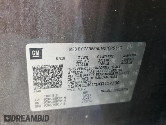 2019 GMC Yukon SLT with VIN 1GKS1BKC1KR117730, listed as a Copart auction lot 49438235 with 147,347 mi miles and Salvage Title. Bid and sale history available at carsss.com. Image 15.