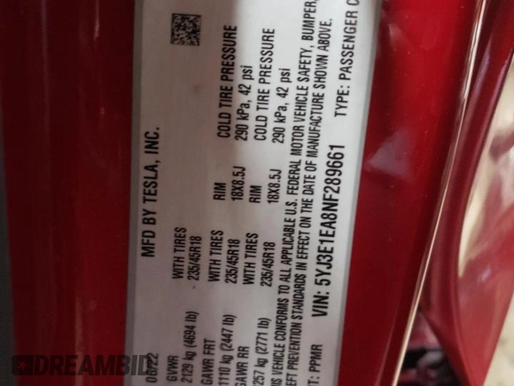 2022 Tesla Model 3 with VIN 5YJ3E1EA8NF289661, listed as a Copart auction lot 52350675 with 153,797 mi miles and Salvage Title. Bid and sale history available at DreamBid. Image 12.