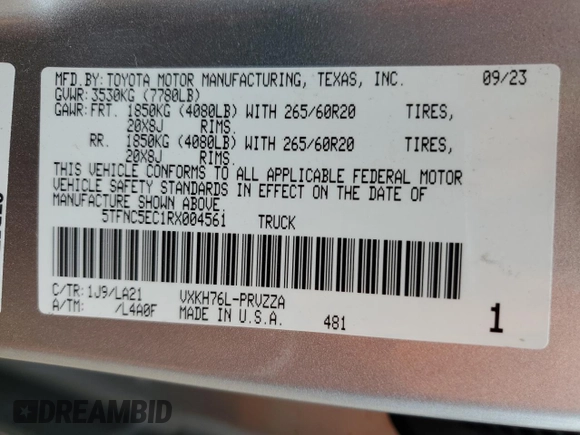 2024 Toyota Tundra Platinum Hybrid z VIN 5TFNC5EC1RX004561, wystawiony jako Copart lot #51779355 z przebiegiem 11 255 mil mil oraz Szkoda całkowita • Salvage title. Historia ofert i sprzedaży dostępna na DreamBid. Obrazek 13.
