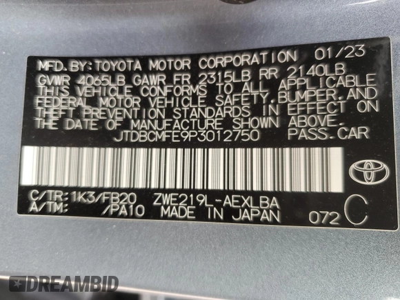 2023 Toyota Corolla Hybrid LE with VIN JTDBCMFE9P3012750, listed as a Copart auction lot 46326445 with 45,207 mi miles and Salvage Title. Bid and sale history available at carsss.com. Image 12.