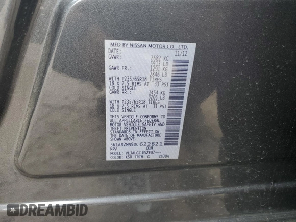 2013 Nissan Pathfinder SL with VIN 5N1AR2MN9DC622821, listed as a Copart auction lot 53976185 with 231,481 mi miles and Salvage Title. Bid and sale history available at DreamBid. Image 13.