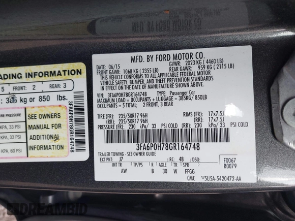 2016 Ford Fusion SE with VIN 3FA6P0H78GR164748, listed as a IAAI auction lot 42209658 with 102,927 mi miles and . Bid and sale history available at DreamBid. Image 9.