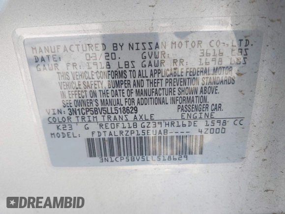 2020 Nissan Kicks S с VIN 3N1CP5BV5LL518629, выставлен на аукционе IAAI как лот 42003304 с пробегом 64 780 миль миль и . История ставок и продаж доступна на DreamBid. Изображение 9.