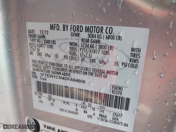 2013 Ford F-150 XL with VIN 1FTEW1CM4DFA94606, listed as a IAAI auction lot 41694243 with 250,025 mi miles. Bid and sale history available at carsss.com. Image 9.