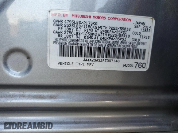 2015 Mitsubishi Outlander SE with VIN JA4AZ3A32FZ007146, listed as a Copart auction lot 76704484 with 159,839 mi miles and Salvage title. Bid and sale history available at DreamBid. Image 13.