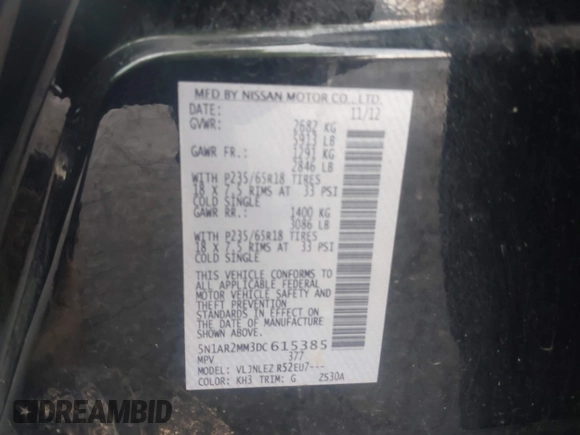 2013 Nissan Pathfinder SL with VIN 5N1AR2MM3DC615385, listed as a IAAI auction lot 42650416 with 162,862 mi miles and . Bid and sale history available at DreamBid. Image 9.