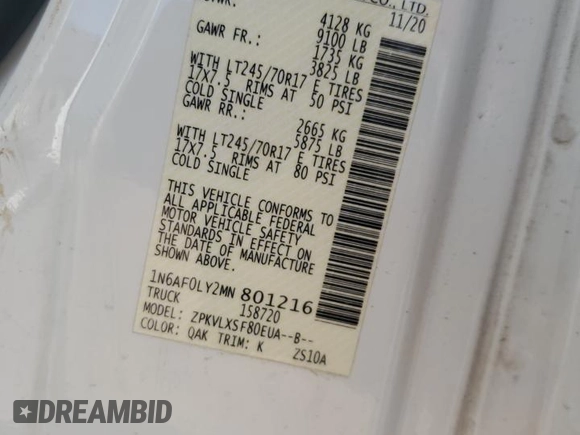 2021 Nissan NV S with VIN 1N6AF0LY2MN801216, listed as a Copart auction lot 62350985 with 61,591 mi miles and Salvage title. Bid and sale history available at DreamBid. Image 14.