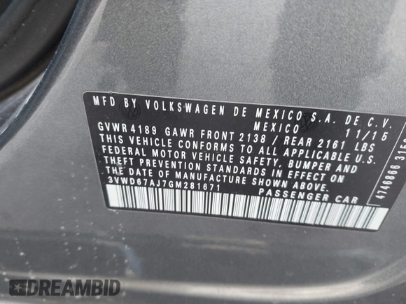 2016 Volkswagen Jetta Sedan 1.4T SE with VIN 3VWD67AJ7GM281671, listed as a IAAI auction lot 41385896 with 153,168 mi miles. Bid and sale history available at carsss.com. Image 9.