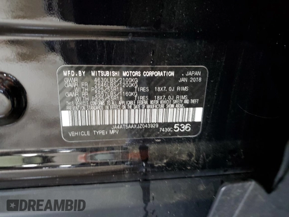 2018 Mitsubishi Eclipse Cross SE with VIN JA4AT5AAXJZ043929, listed as a Copart auction lot 57512045 with 82,296 mi miles and Salvage title. Bid and sale history available at DreamBid. Image 14.