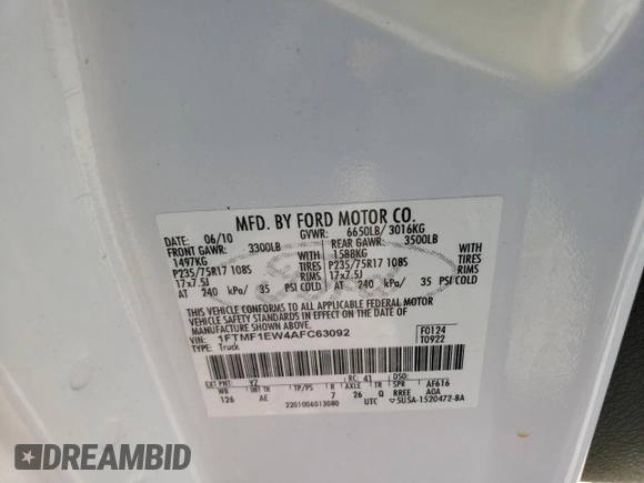 2010 Ford F-150 XL with VIN 1FTMF1EW4AFC63092, listed as a Copart auction lot 76612624 with 124,879 mi miles and Salvage Title. Bid and sale history available at DreamBid. Image 12.