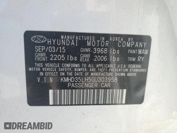 2016 Hyundai Elantra with VIN KMHD35LH5GU303958, listed as a Copart auction lot 54234385 with 83,729 mi miles and Salvage Title. Bid and sale history available at DreamBid. Image 13.