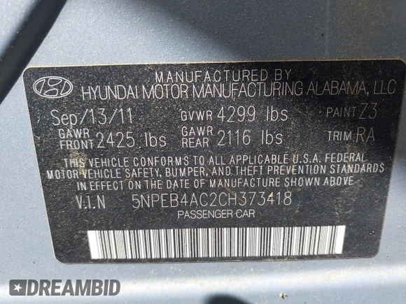 2012 Hyundai Sonata GLS with VIN 5NPEB4AC2CH373418, listed as a IAAI auction lot 42048250 with 190,830 mi miles. Bid and sale history available at carsss.com. Image 9.