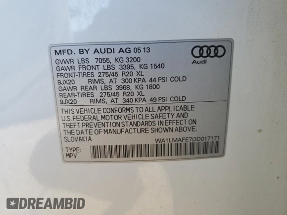 2013 Audi Q7 3.0L TDI Premium Plus with VIN WA1LMAFE7DD017171, listed as a Copart auction lot 88765415 with 134,949 mi miles and Salvage Title. Bid and sale history available at carsss.com. Image 13.