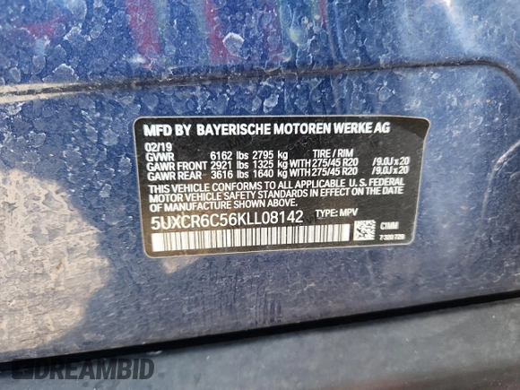 2019 BMW X5 xDrive40i with VIN 5UXCR6C56KLL08142, listed as a Copart auction lot 61987405 with 41,733 mi miles and Salvage title. Bid and sale history available at DreamBid. Image 14.