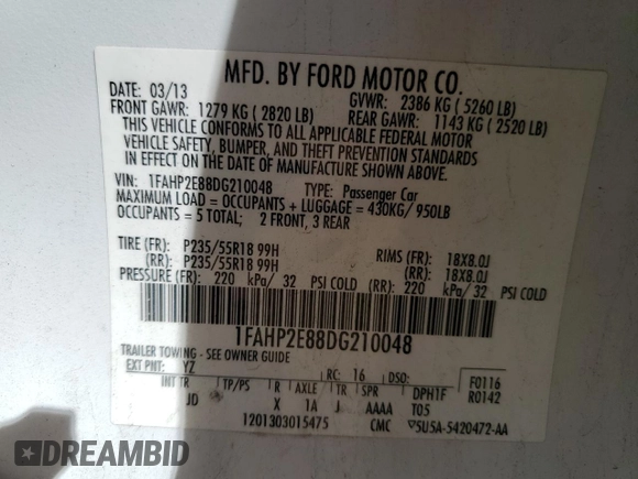 2013 Ford Taurus SEL with VIN 1FAHP2E88DG210048, listed as a Copart auction lot 47462685 with 194,190 mi miles and Salvage Title. Bid and sale history available at carsss.com. Image 12.