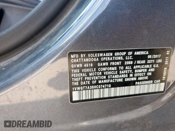 2017 Volkswagen Passat SE z VIN 1VWGT7A35HC074710, wystawiony jako Copart lot #57789935 z przebiegiem 117 351 mil mil oraz Szkoda całkowita • Salvage title. Historia ofert i sprzedaży dostępna na DreamBid. Obrazek 12.
