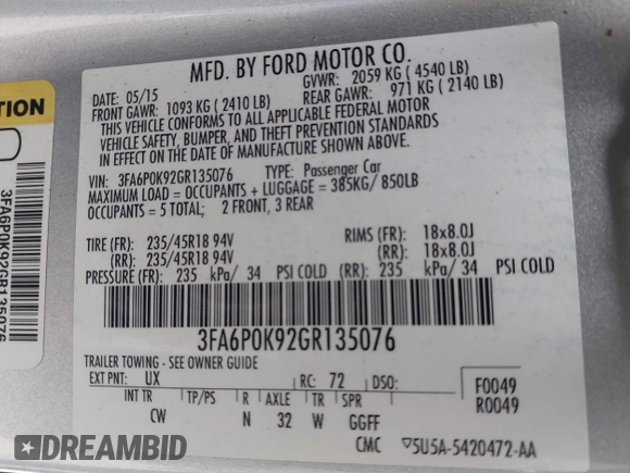 2016 Ford Fusion Titanium z VIN 3FA6P0K92GR135076, wystawiony jako IAAI lot #42604875 z przebiegiem 192 785 mil mil oraz . Historia ofert i sprzedaży dostępna na DreamBid. Obrazek 9.