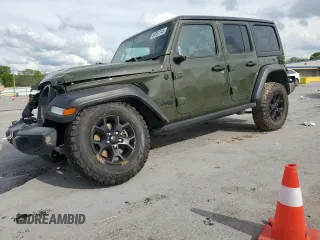 2021 Jeep Wrangler Unlimited Willys z VIN 1C4HJXDG9MW740262, wystawiony jako Copart lot #54051745 z przebiegiem Nie podano mil oraz Szkoda całkowita • Salvage title. Historia ofert i sprzedaży dostępna na DreamBid. Obrazek 1.