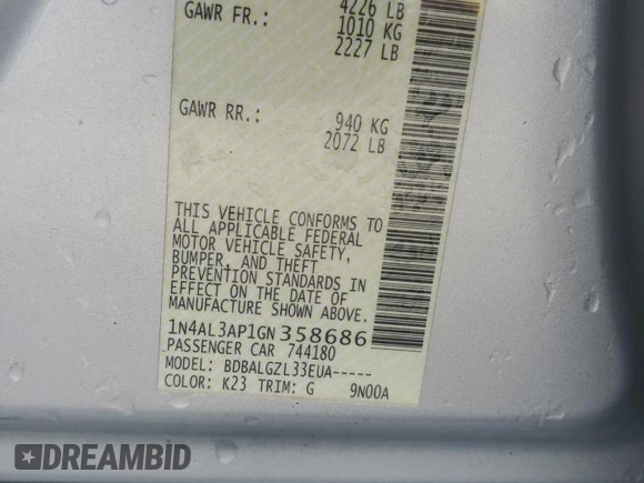 2016 Nissan Altima S with VIN 1N4AL3AP1GN358686, listed as a Copart auction lot 51731325 with 87,167 mi miles and Salvage Title. Bid and sale history available at DreamBid. Image 13.