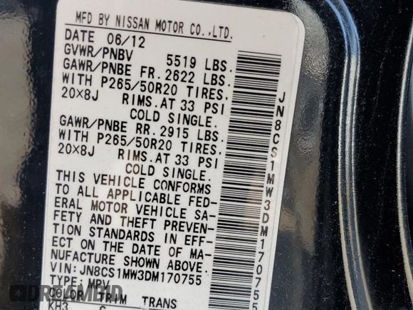 2013 Infiniti FX z VIN JN8CS1MW3DM170755, wystawiony jako Copart lot #61938535 z przebiegiem Nie podano mil oraz Szkoda całkowita • Salvage title. Historia ofert i sprzedaży dostępna na DreamBid. Obrazek 13.