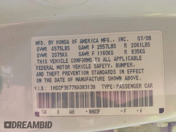 2008 Honda Accord EX with VIN 1HGCP36778A083139, listed as a IAAI auction lot 41709197 with 203,891 mi miles and . Bid and sale history available at DreamBid. Image 9.