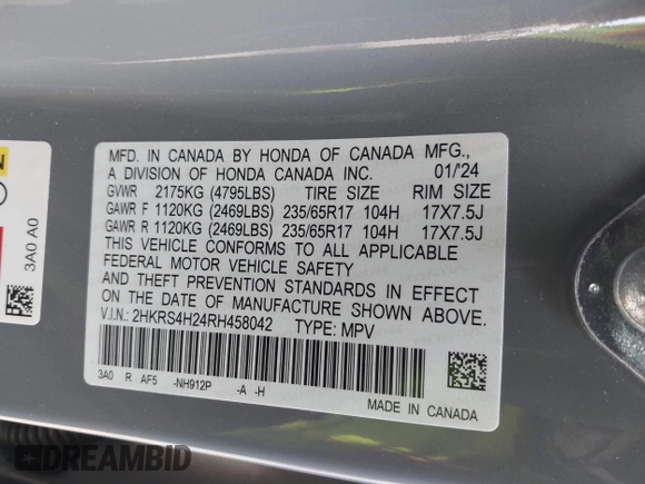 2024 Honda CR-V LX with VIN 2HKRS4H24RH458042, listed as a IAAI auction lot 41682149 with 3,430 mi miles and . Bid and sale history available at DreamBid. Image 9.