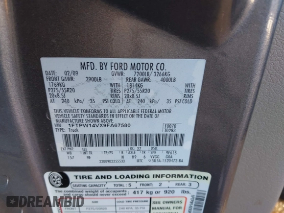 2009 Ford F-150 XL with VIN 1FTPW14VX9FA67580, listed as a IAAI auction lot 41567442 with 171,122 mi miles and . Bid and sale history available at DreamBid. Image 9.