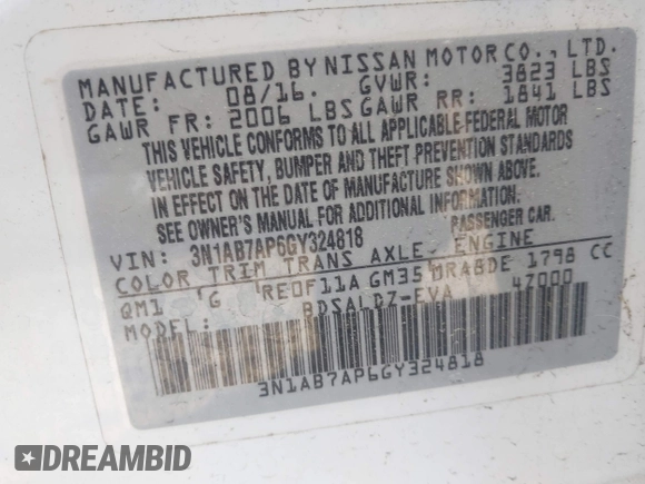 2016 Nissan Sentra SV with VIN 3N1AB7AP6GY324818, listed as a IAAI auction lot 41900205 with 134,184 mi miles and . Bid and sale history available at DreamBid. Image 9.