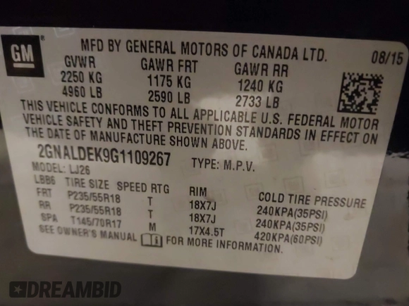 2016 Chevrolet Equinox LTZ with VIN 2GNALDEK9G1109267, listed as a IAAI auction lot 40998084 with 89,384 mi miles. Bid and sale history available at carsss.com. Image 9.