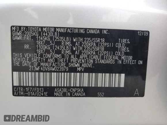 2010 Toyota RAV4 Sport with VIN 2T3WF4DV8AW023979, listed as a Copart auction lot 61334925 with 201,520 mi miles and Salvage title. Bid and sale history available at DreamBid. Image 13.