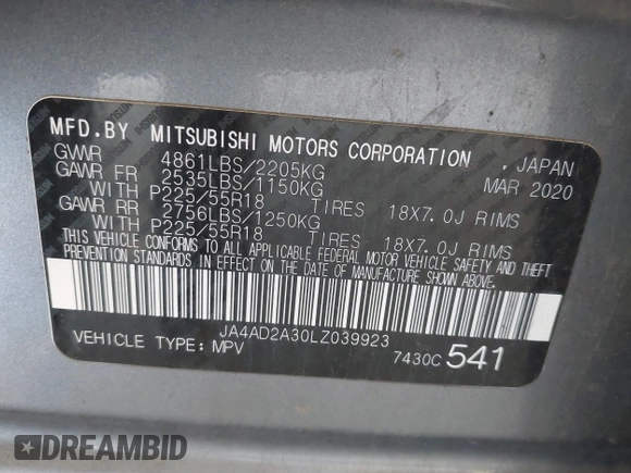 2020 Mitsubishi Outlander ES with VIN JA4AD2A30LZ039923, listed as a IAAI auction lot 42384741 with 107,955 mi miles and . Bid and sale history available at DreamBid. Image 9.