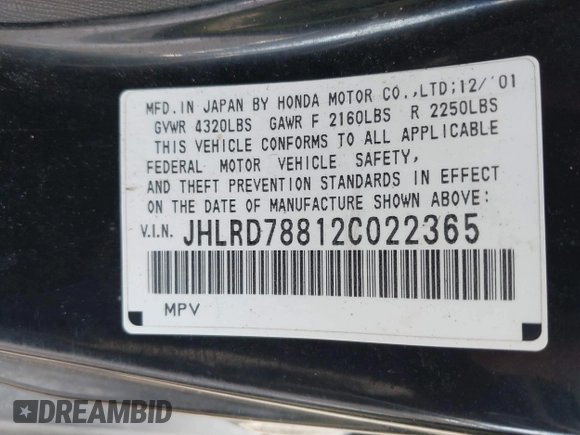 2002 Honda CR-V EX with VIN JHLRD78812C022365, listed as a IAAI auction lot 41886593 with 228,212 mi miles. Bid and sale history available at carsss.com. Image 9.