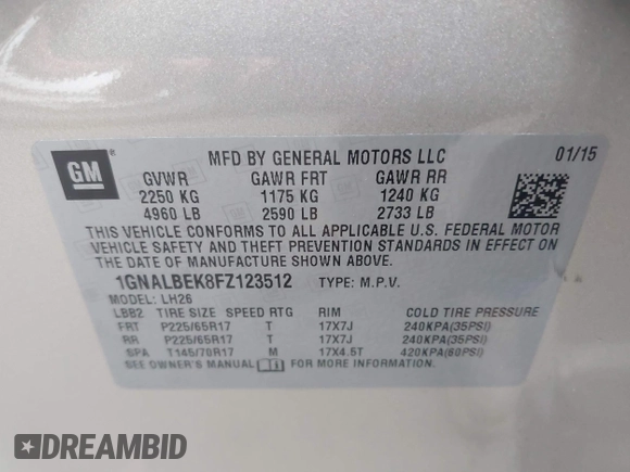 2015 Chevrolet Equinox LT with VIN 1GNALBEK8FZ123512, listed as a IAAI auction lot 42533266 with 76,307 mi miles and . Bid and sale history available at DreamBid. Image 9.
