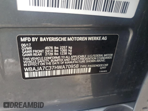 2017 BMW 5 Series 530i xDrive with VIN WBAJA7C37HWA70958, listed as a Copart auction lot 50803895 with 81,974 mi miles and Salvage Title. Bid and sale history available at carsss.com. Image 14.