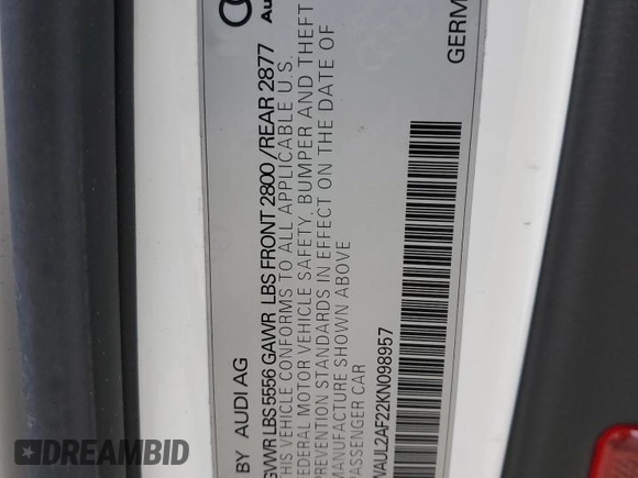 2019 Audi A6 Premium Plus with VIN WAUL2AF22KN098957, listed as a Copart auction lot 45488805 with 90,444 mi miles and Salvage Title. Bid and sale history available at carsss.com. Image 12.