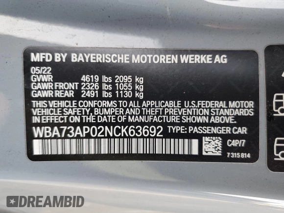 2022 BMW 4 Series 430i xDrive with VIN WBA73AP02NCK63692, listed as a Copart auction lot 84758794 with 21,484 mi miles and Salvage Title. Bid and sale history available at DreamBid. Image 12.