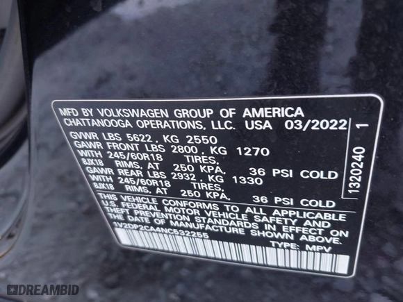 2022 Volkswagen Atlas 2.0T SE with VIN 1V2DP2CA4NC532255, listed as a IAAI auction lot 41596701 with 33,352 mi miles. Bid and sale history available at carsss.com. Image 9.