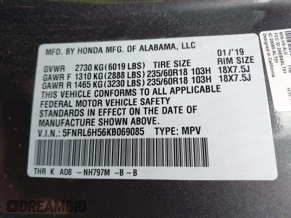 2019 Honda Odyssey EX with VIN 5FNRL6H56KB069085, listed as a IAAI auction lot 41923928 with 96,331 mi miles. Bid and sale history available at carsss.com. Image 9.