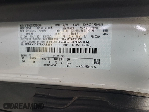 2024 Ford Transit Passenger XL with VIN 1FBAX2C87RKA32981, listed as a IAAI auction lot 42791620 with 3,439 mi miles and . Bid and sale history available at DreamBid. Image 12.