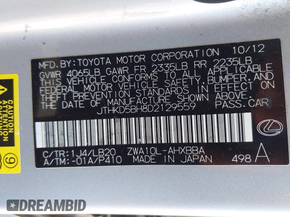 2013 Lexus CT 200h with VIN JTHKD5BH8D2129559, listed as a IAAI auction lot 42592775 with 240,219 mi miles and . Bid and sale history available at DreamBid. Image 9.