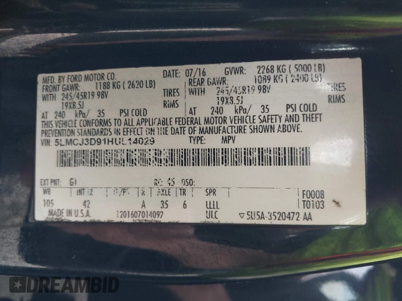 2017 Lincoln MKC Reserve with VIN 5LMCJ3D91HUL14029, listed as a IAAI auction lot 42209334 with 122,853 mi miles and . Bid and sale history available at DreamBid. Image 9.