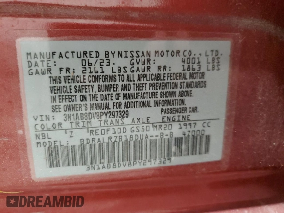 2023 Nissan Sentra SR with VIN 3N1AB8DV8PY297329, listed as a Copart auction lot 52606935 with 9,929 mi miles and Salvage Title. Bid and sale history available at carsss.com. Image 13.