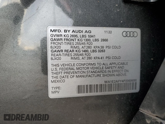 2023 Audi Q5 S line Premium Plus with VIN WA1E2AFY4P2069690, listed as a Copart auction lot 80200504 with 28,090 mi miles and Salvage title. Bid and sale history available at DreamBid. Image 13.