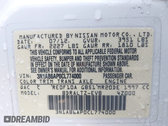 2012 Nissan Sentra S with VIN 3N1AB6AP0CL774000, listed as a IAAI auction lot 42714588 with 168,125 mi miles and . Bid and sale history available at DreamBid. Image 9.