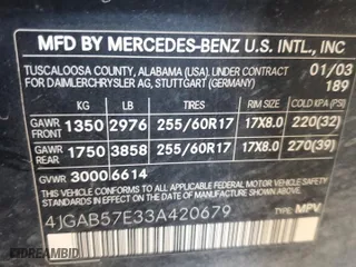 2003 Mercedes-Benz M-Class 3.7L with VIN 4JGAB57E33A420679, listed as a Copart auction lot 44367445 with 150,164 mi miles and Salvage Title. Bid and sale history available at carsss.com. Image 12.